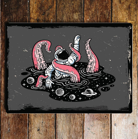 Pink Octopus Sea Creature Space Man Metal Sign Plaque