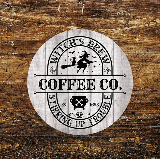 Witch's Brew Coffee House Stirring Trouble Circle Metal Sign