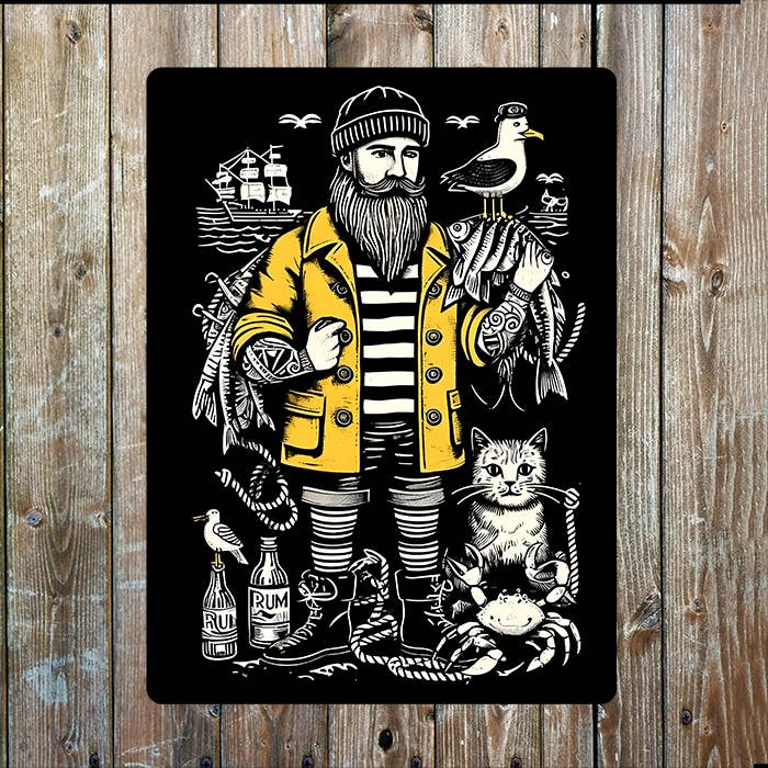 Fisherman Cat Rum Fish Ship Nautical | Metal Sign Plaque