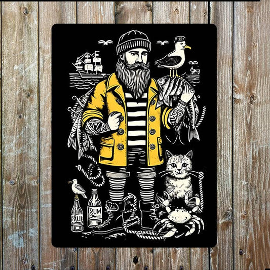 Fisherman Cat Rum Fish Ship Nautical | Metal Sign Plaque