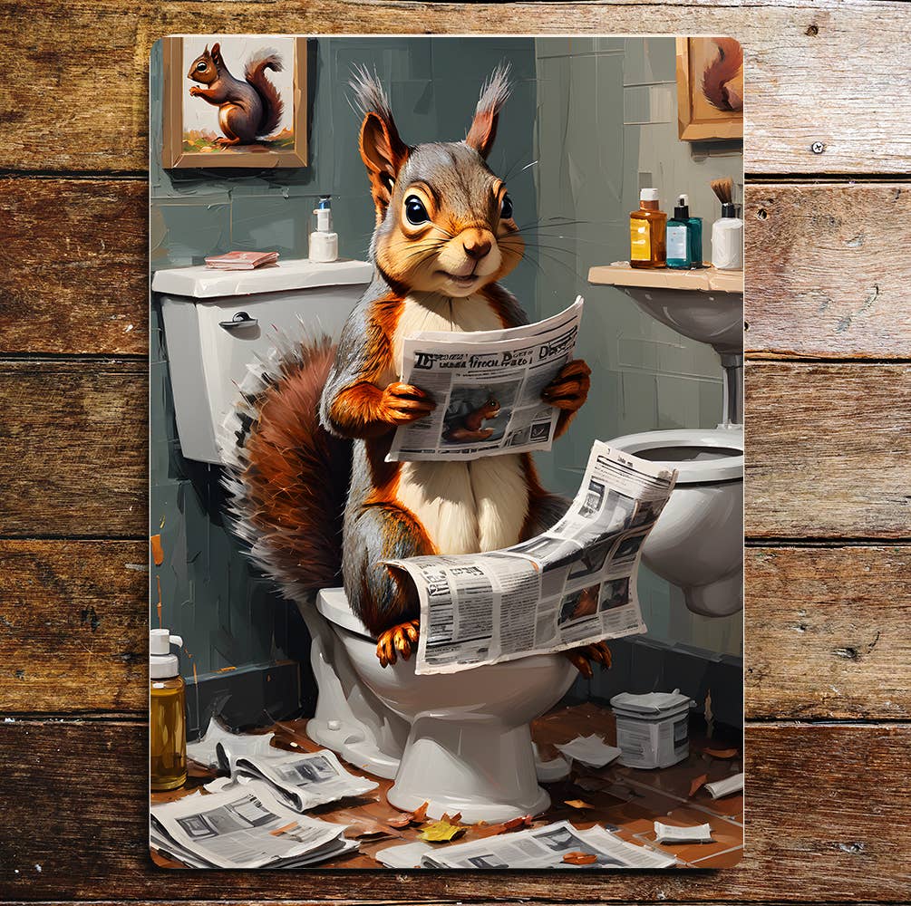 Happy Squirrel On the Toilet Bathroom | Metal Sign