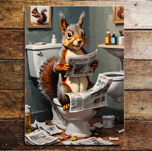 Happy Squirrel On the Toilet Bathroom | Metal Sign
