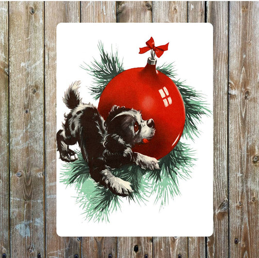 Christmas Bauble and Puppy | Metal Sign Plaque