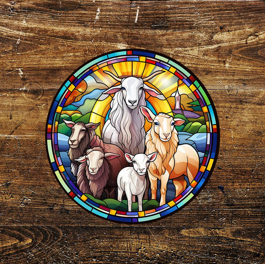 Sheep Ram Lamb Stained Glass Mural Affect Circle Metal Sign