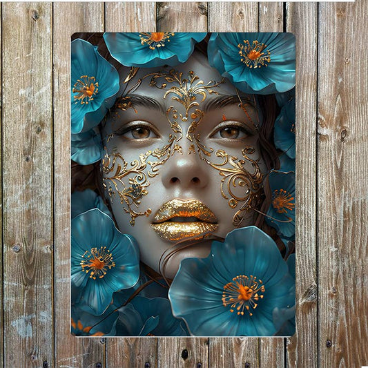 Face Surrounded By Teal Blue Flowers | Metal Sign Plaque