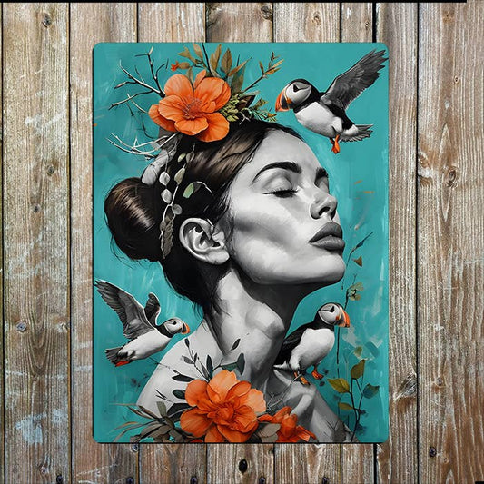 Portrait of Serene Women Puffin Flowers Metal Sign Plaque