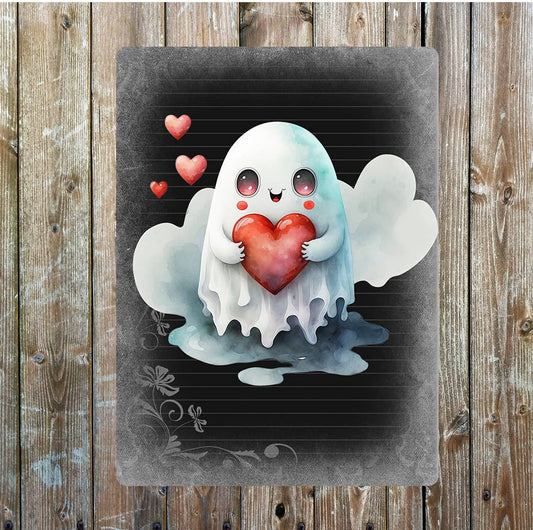 Cute Ghost Red Love Heart Valentines | Metal Sign Plaque