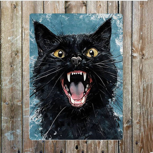 Cat Illustration Mouth Open Teeth | Metal Sign Plaque