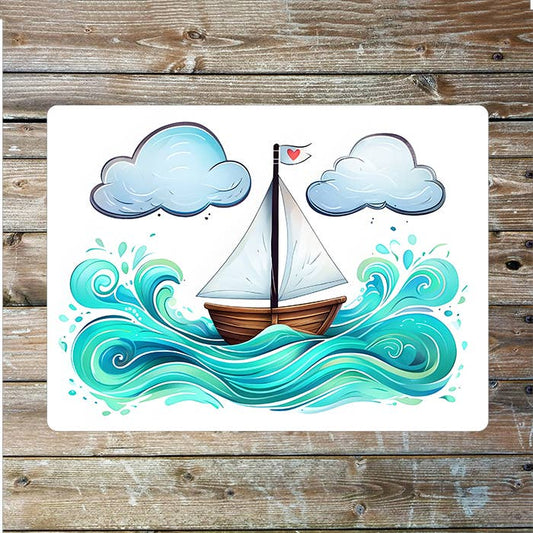 Watercolor Boat Clouds Waves Nautical | Metal Sign Plaque