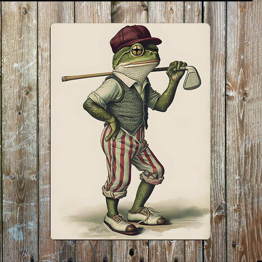 Vintage Illustration A Golfing Golg Frog | Metal Sign Plaque