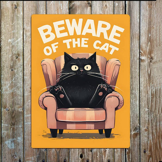 Beware Of The Cat | Sat On Armchair | Metal Sign Plaque