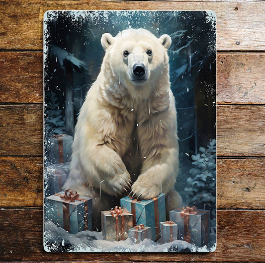 Christmas Polar Bear Xmas presents | Metal Sign Plaque