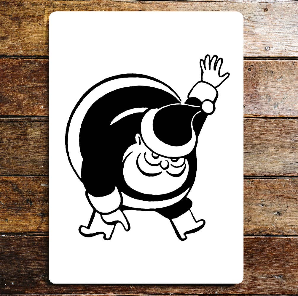 Cartoon Santa Bending Down Retro Christmas | Metal Wall Sign