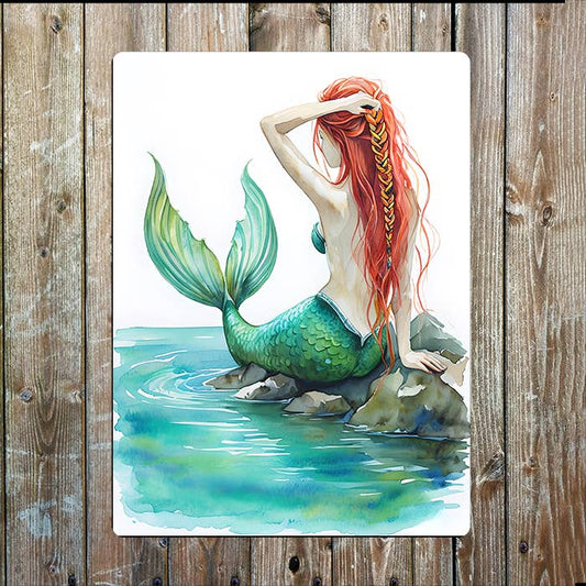 Mermaid Relaxing On Rocks Sea Nautical | Metal Sign Plaque