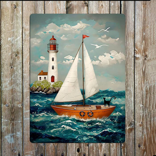 Sailboat Lighthouse Ocean Sea Nautical | Metal Sign Plaque