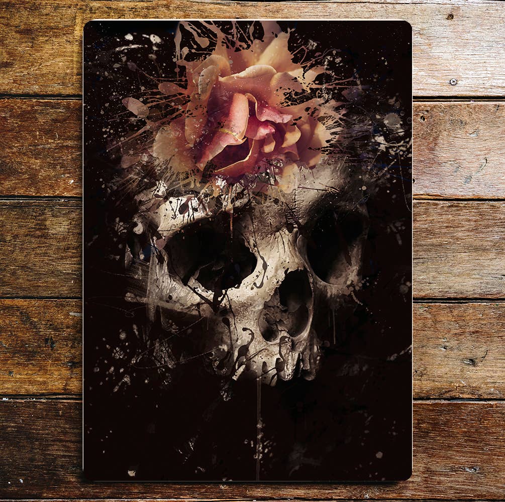 Skull Flowers Pink Rose Metal Wall Sign