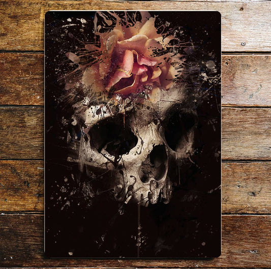 Skull Flowers Pink Rose Metal Wall Sign