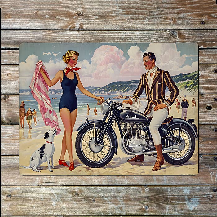 Vintage Beach Swimmers And Motorcycle | Metal Sign Plaque