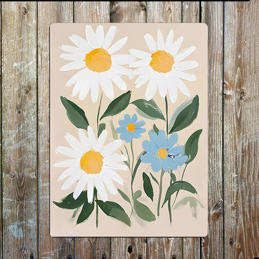 Floral Print Cream Blue Daisy Flowers Metal Sign Plaque