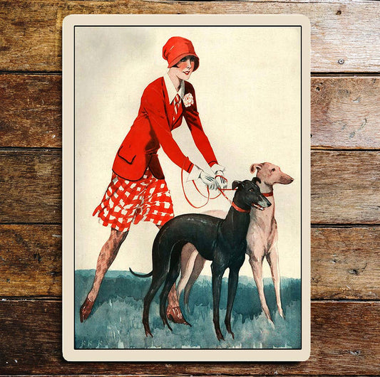 Lady In Red With Greyhound Dogs | Metal Sign plaque