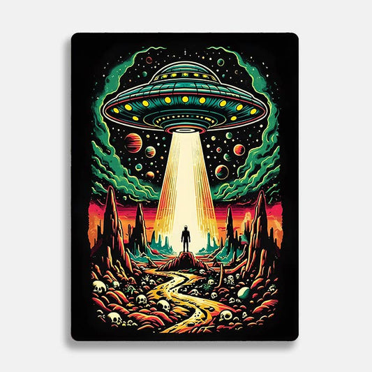 Retro UFO Over Alien Landscape Planets Metal Sign Plaque