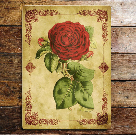 Red Rose Stems Leaves Card Vintage Metal Sign Plaque