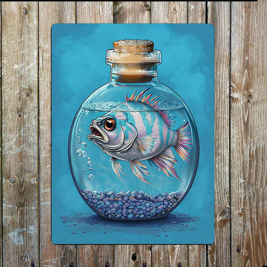 Blue Fish In A Bottle Sea Nautical | Metal Sign Plaque