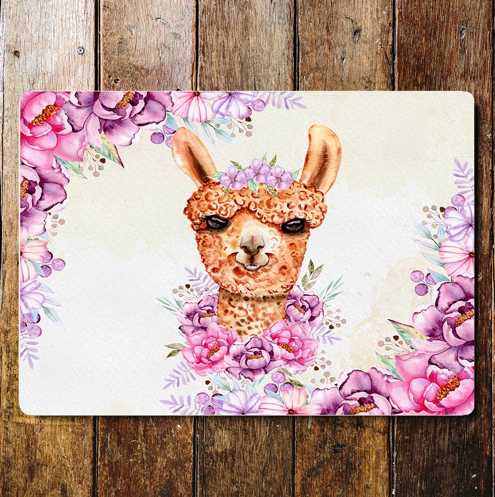 Fluffy Brown Smiley Llama Flowers | Metal Sign Plaque