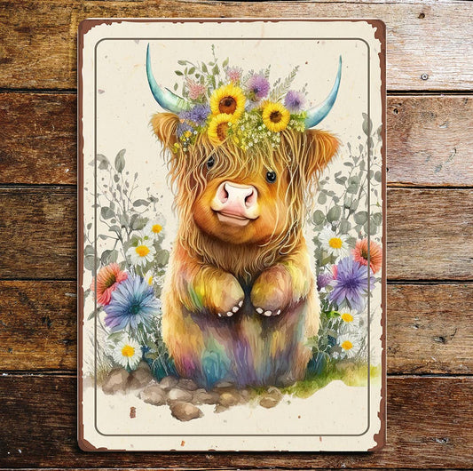 Cute Highland Cow Calf Horns Flowers | Metal Sign Plaque