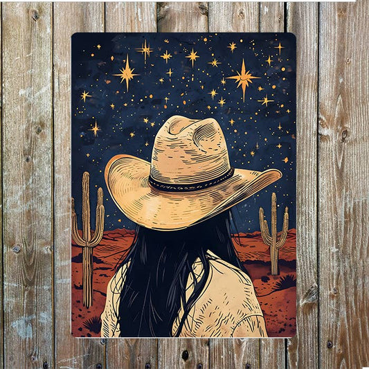 Desert Star Cowgirl Hat Cowboy Western | Metal Sign Plaque