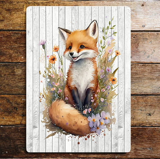 Happy Red Fox Cub Wildlife Art | Metal Sign Plaque