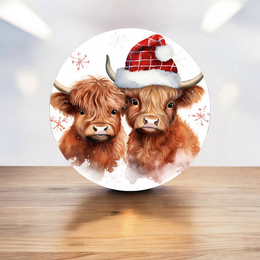 Two Highland Cows Christmas Cute Circle Metal Sign
