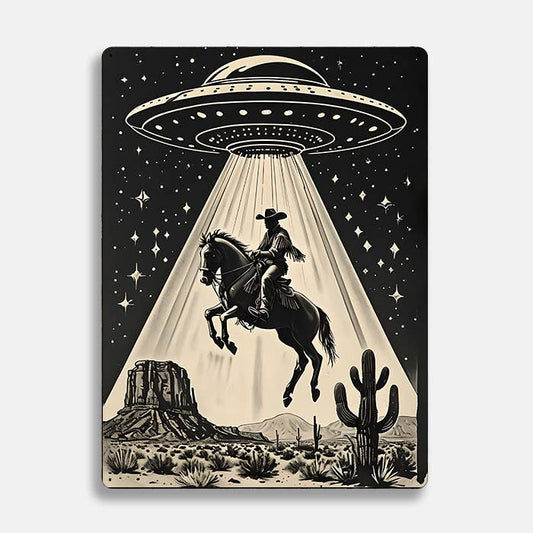 Cowboy Riding Horse Under Starry Sky UFO | Metal Sign Plaque