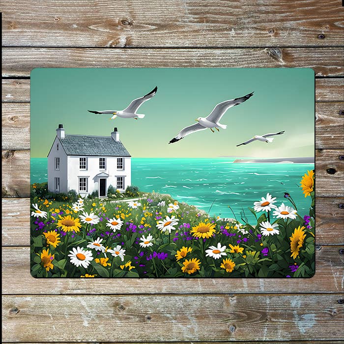 Coastal Landscape Colorful Flowers Sea | Metal Sign Plaque