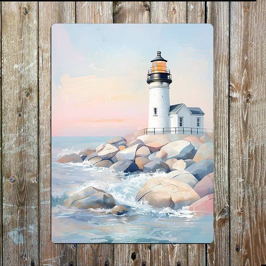 Lighthouse Scene Coast Calm Sea Nautical | Metal Sign Plaque