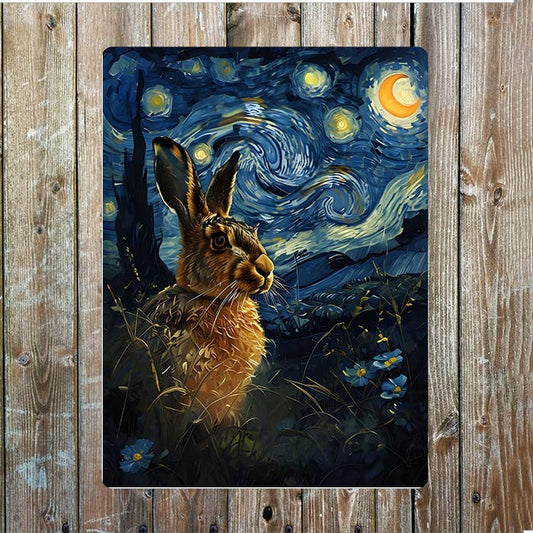 Brown Hare Van Gogh Starry Night | Metal Sign Plaque