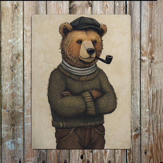Bear Illustration in Cozy Sweater and Cap | Metal Sign Plaque