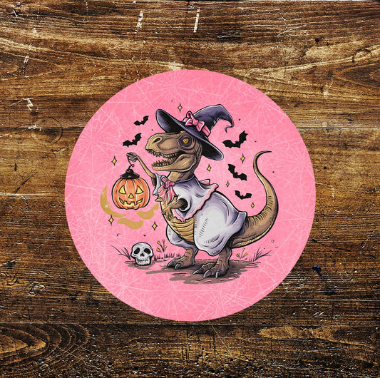 Dinosaur Witch Halloween Spooky Circle Metal Sign