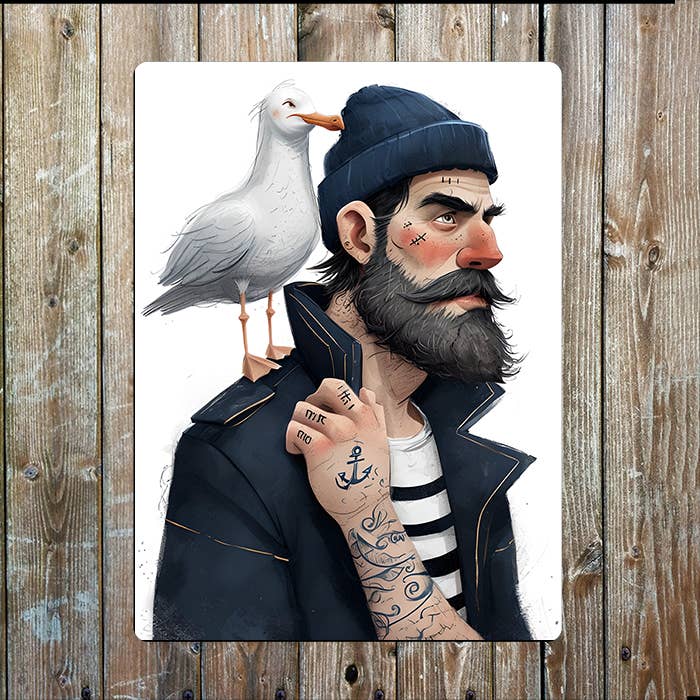 Rugged Man With Seagull Sea Nautical Metal Sign Plaque