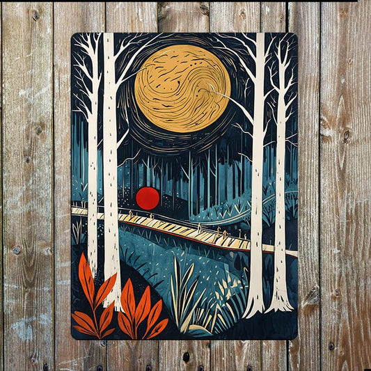 Woodcut style Print of Nighttime Landscape | Metal Sign Plaque
