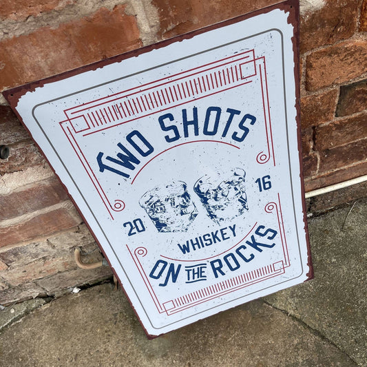 Two shots whiskey on the rocks Bar Sign | Metal Sign