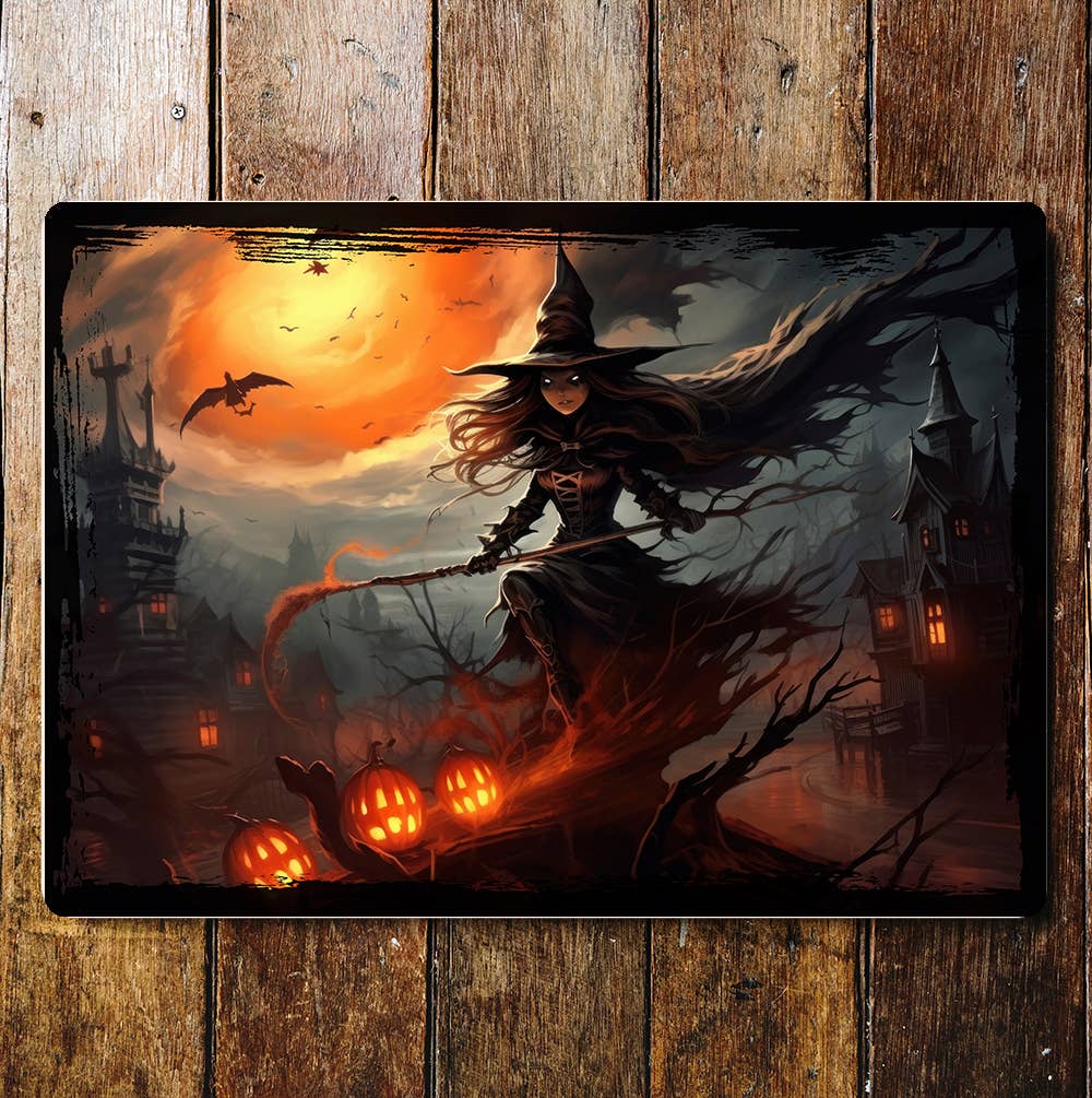 Halloween Wild Witch Spooky Landscape | Metal Sign Plaque