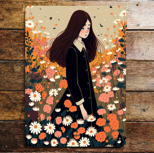 Sad Girl In Flower Field Dark Hair Daisy's Sign Plaque
