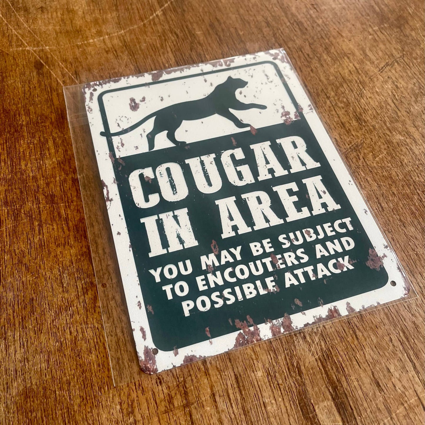 Cougar In Area Park Warning | Metal Sign Plaque