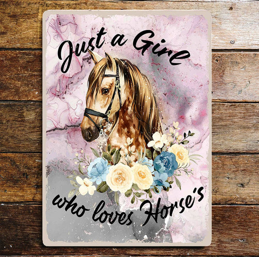Just Girl Who Loves Horses Flowers Pink | Metal Sign Plaque