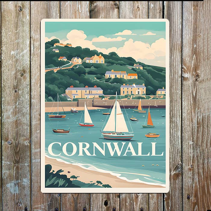 Travel Poster Cornwall Coast Cornish Beach | Metal Sign Plaque