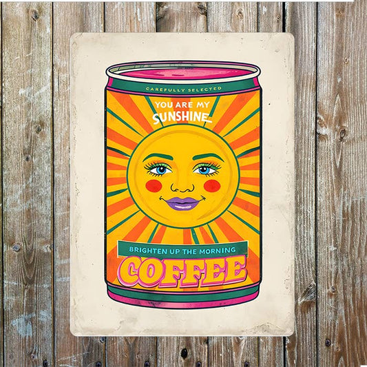 Retro Coffee Can Tin Cheerful Sun Face Metal Sign Plaque