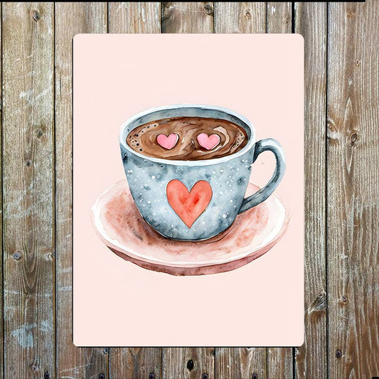 Coffee Cup Illustration With Romantic Heat Metal Sign Plaque