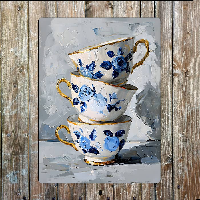 Painting style Stacked Teacups Metal Sign Plaque