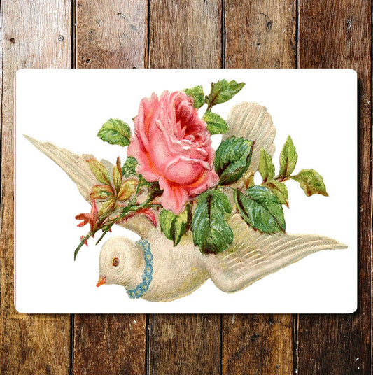 White Flying Dove Pink Rose Stems  | Metal Sign Plaque